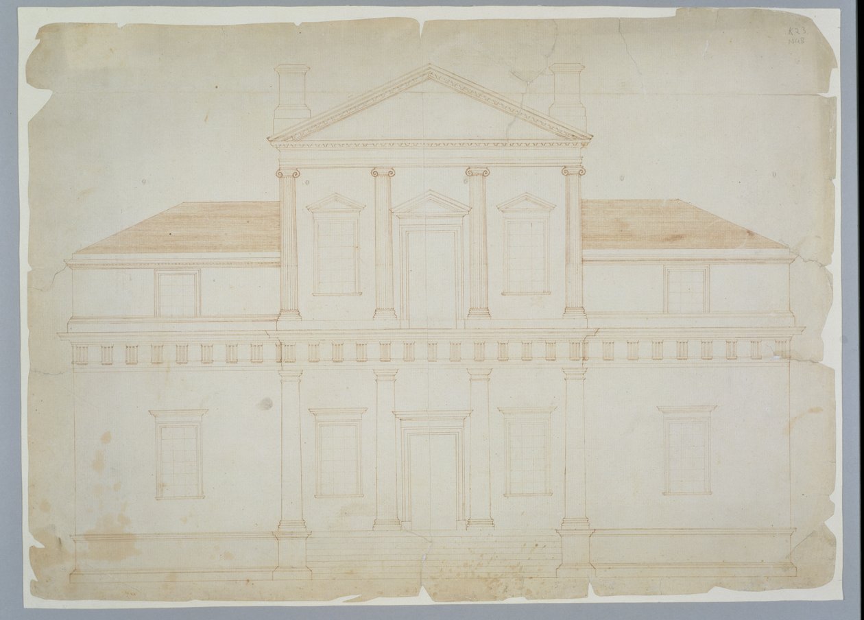 Monticello, første version (elevation), sandsynligvis før marts 1771 (brunt blæk på lagt papir) af Thomas Jefferson