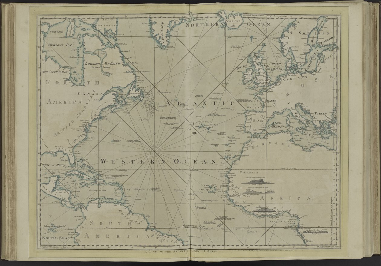 Atlanterhavet eller det vestlige ocean fra det vestindiske atlas, 1775 af Thomas Jefferys
