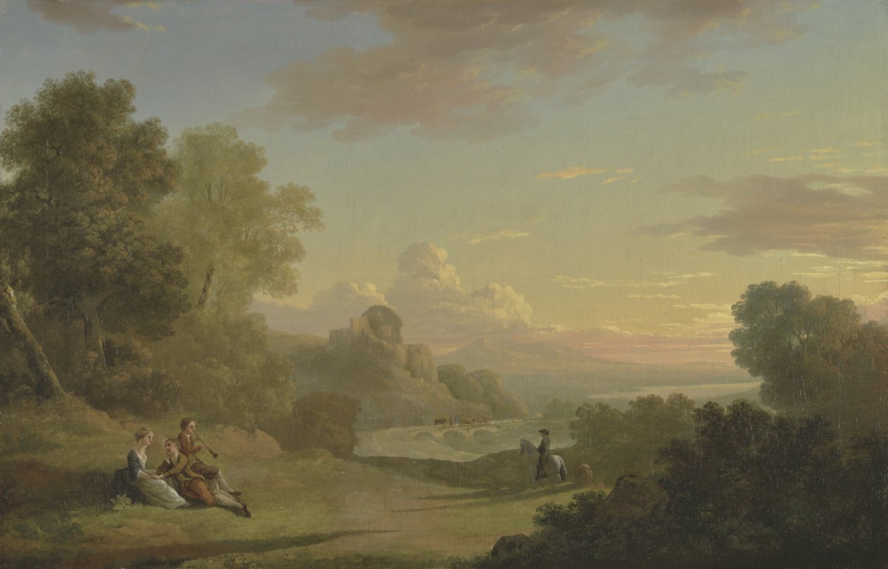 Et imaginært landskab med en rejsende og figurer med udsigt over Baiae-bugten, 1773 af Thomas Jones