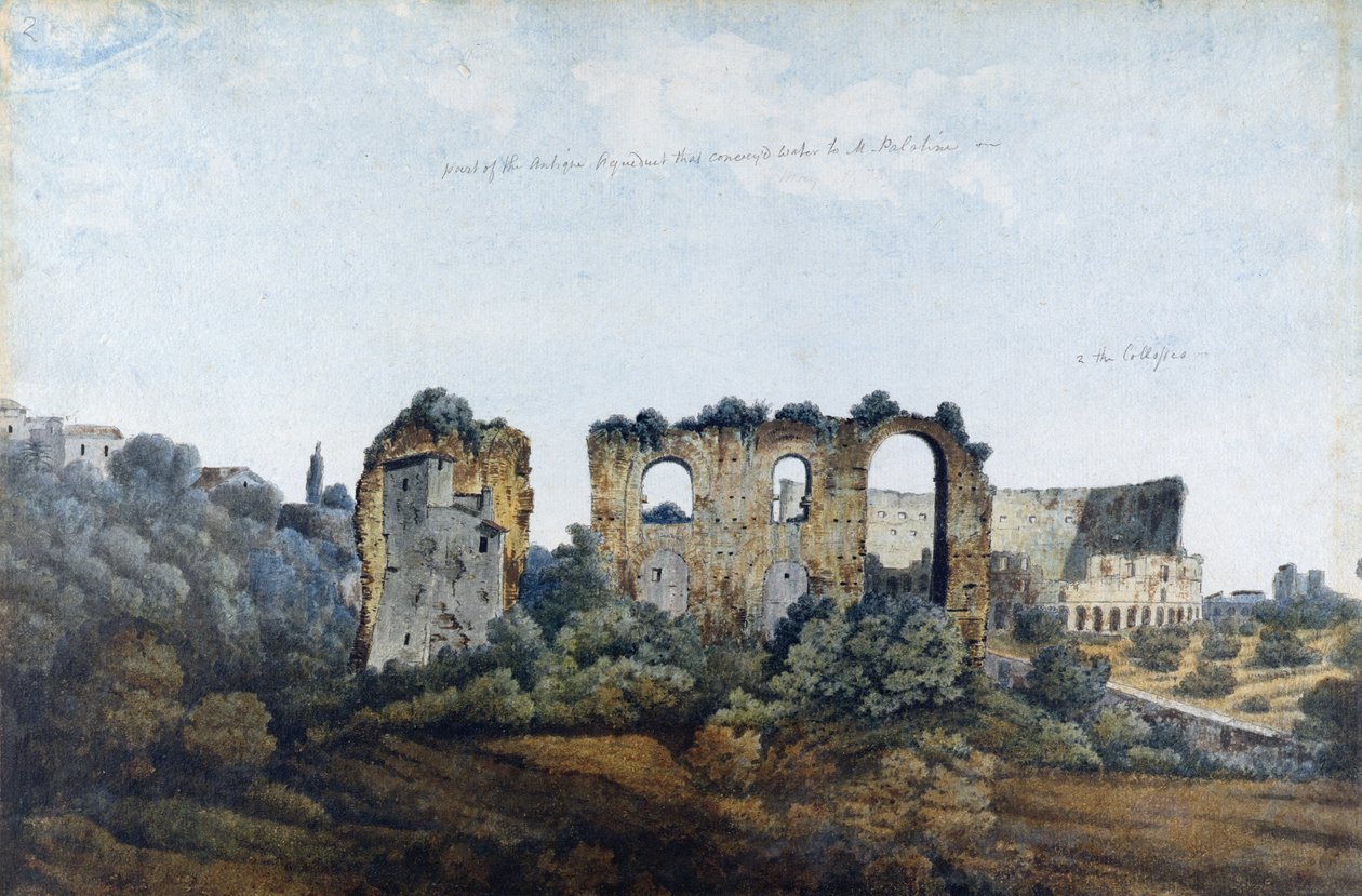 Den Claudeanske akvædukt og Colosseum, 1778 (wc over grafit på bindet papir) af Thomas Jones