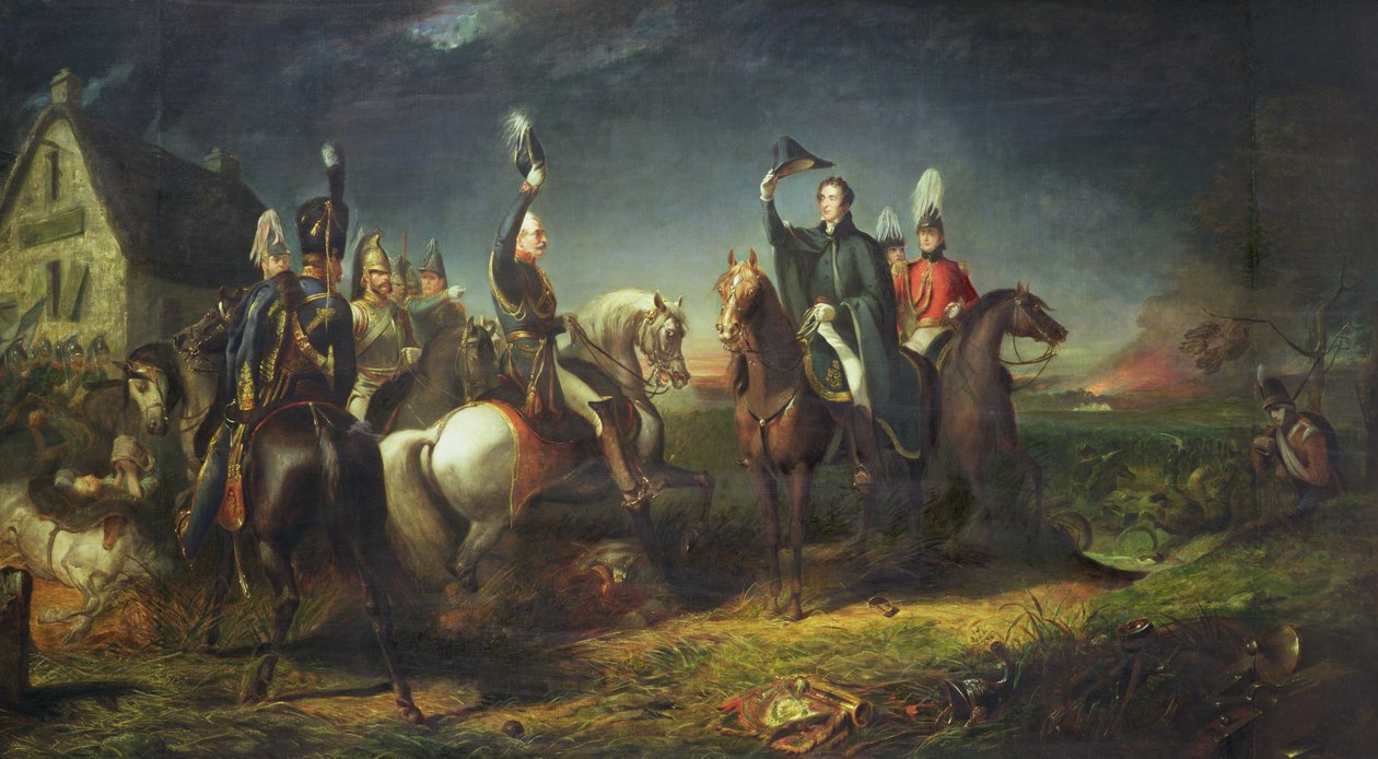 Mødet mellem hertugen af Wellington og feltmarskal Blucher om aftenen for sejren af Waterloo i La Belle Alliance af Thomas Jones