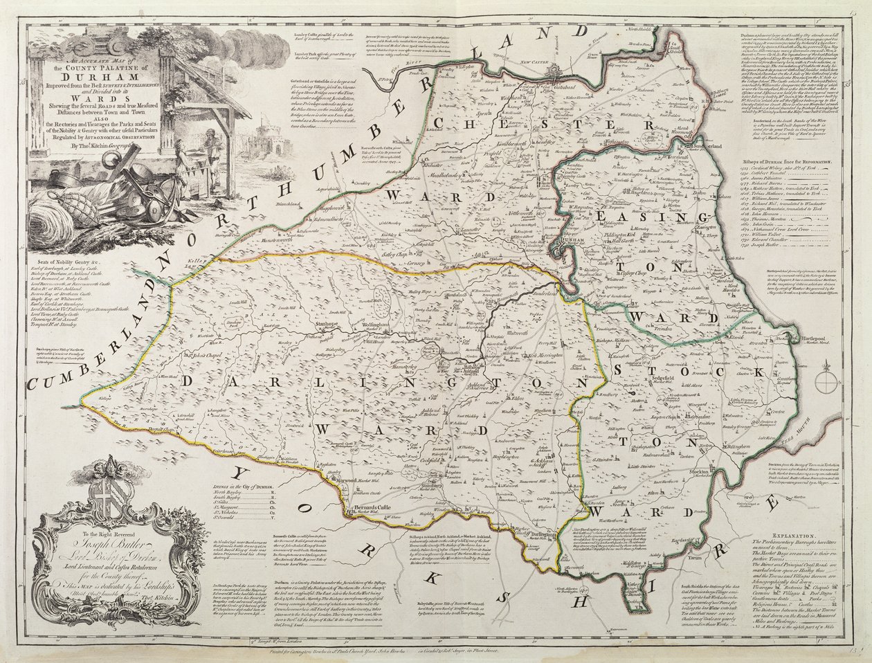 Kort over Durham, 1777 (håndkoloreret gravering) af Thomas Kitchin