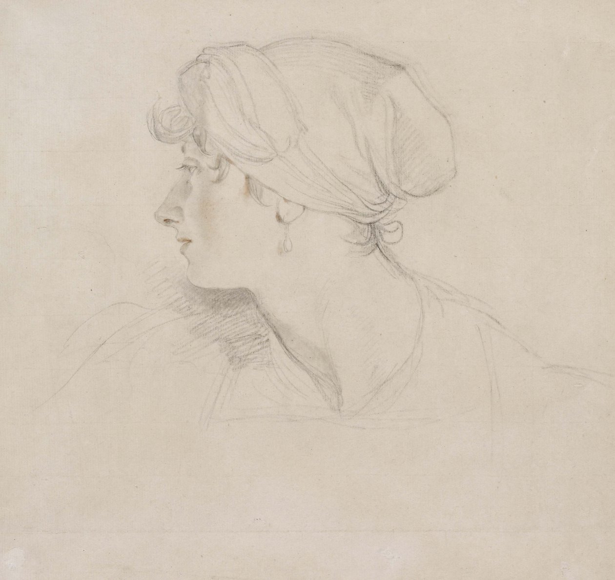 Fru Jens Wolff (sort kridt, rørt med rødt kridt på tyndt lagt hvidt papir, lagt på japansk papir) af Thomas Lawrence