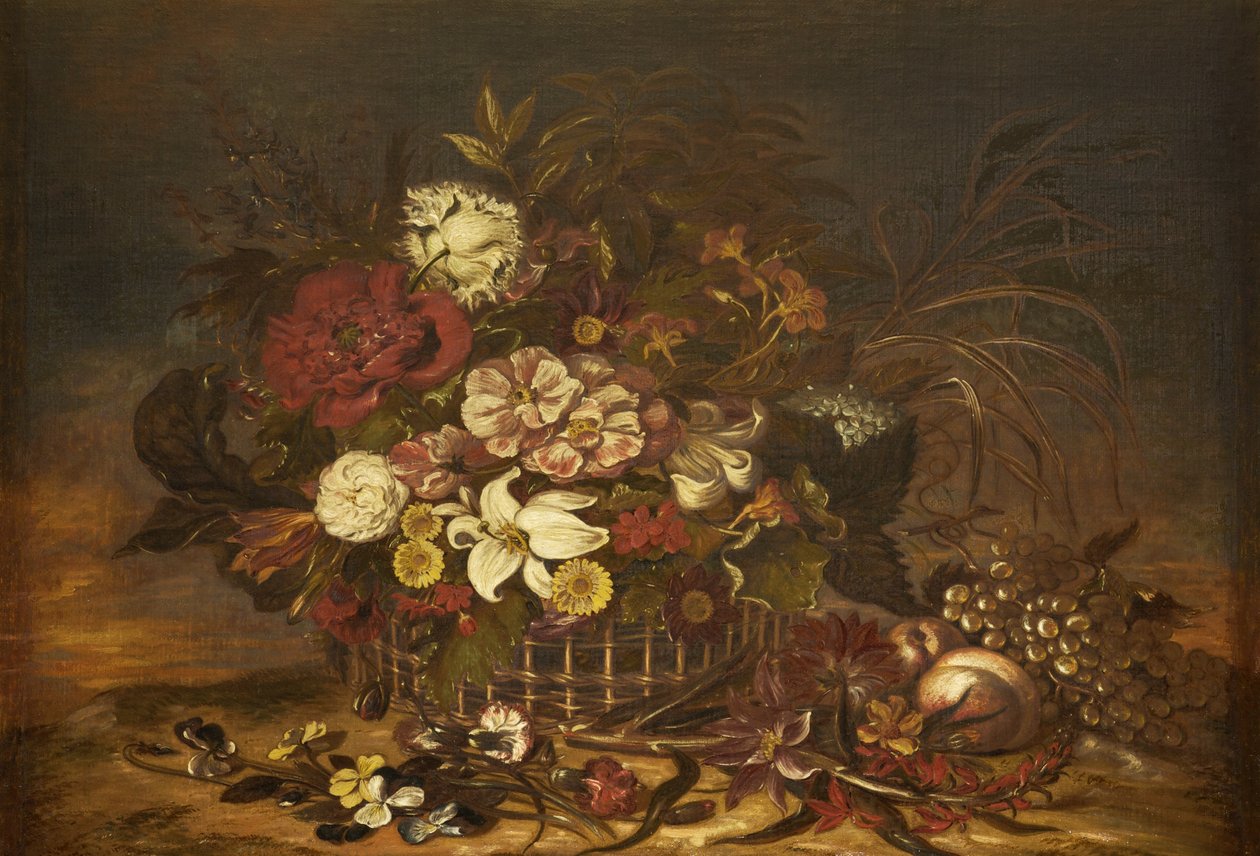 Blomster i en kurv med frugt af Thomas Lister
