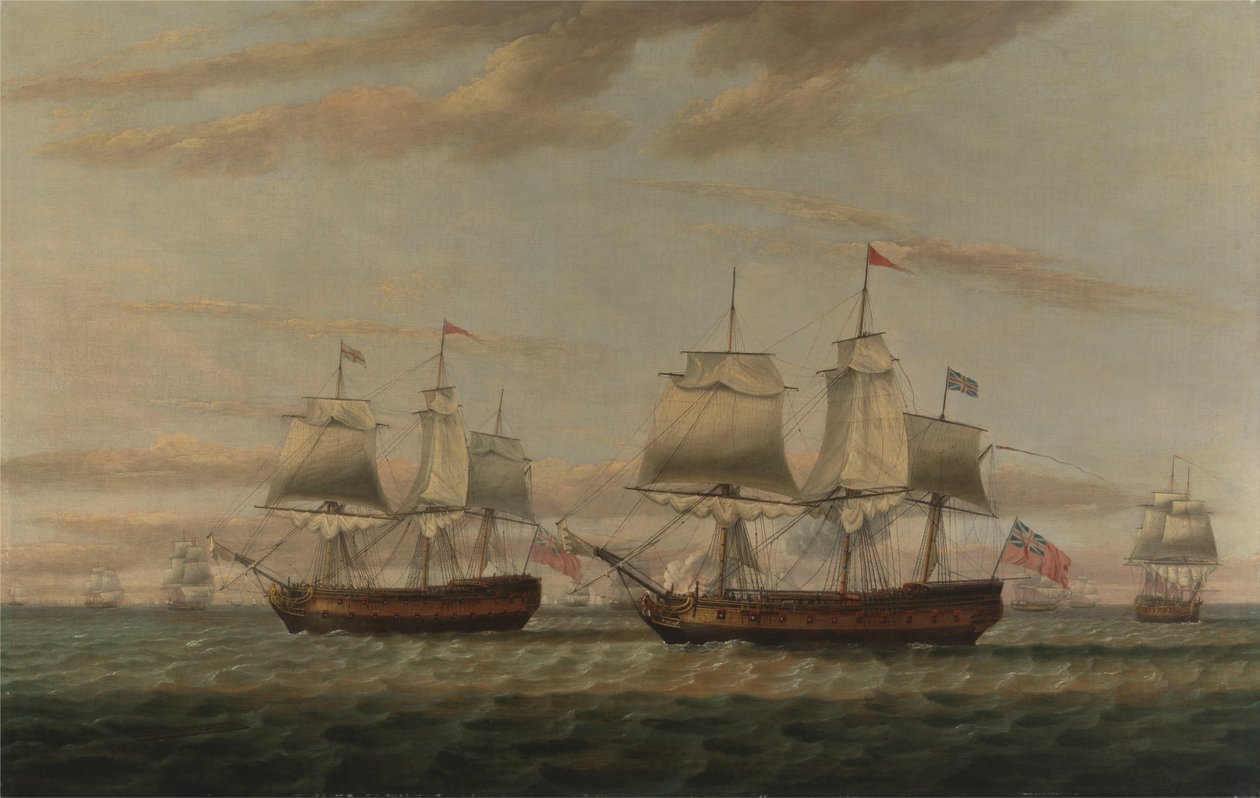 En indianer og en to -decker Hove til, siges at være Thomas Dumar, Esq. i H.M. Skib Portland Levering ... af Thomas Luny