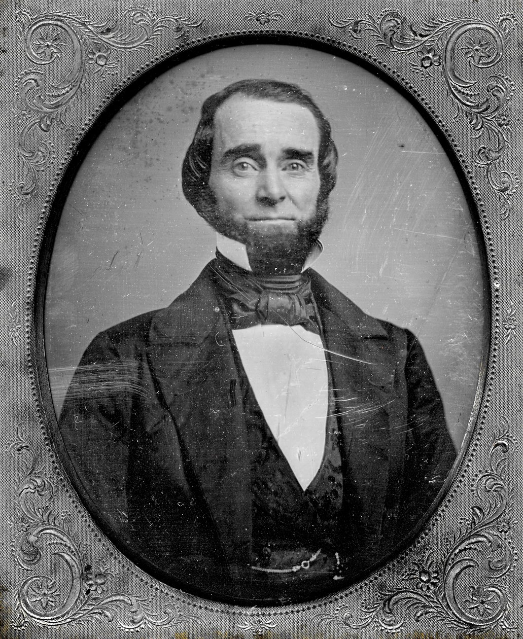 Portræt af Dr. Thomas Reyburn fra Olive Street mellem fjerde og femte gade i St. Louis. Reyburn ansigt er blevet farvet med pink pigment af Thomas M. Easterly