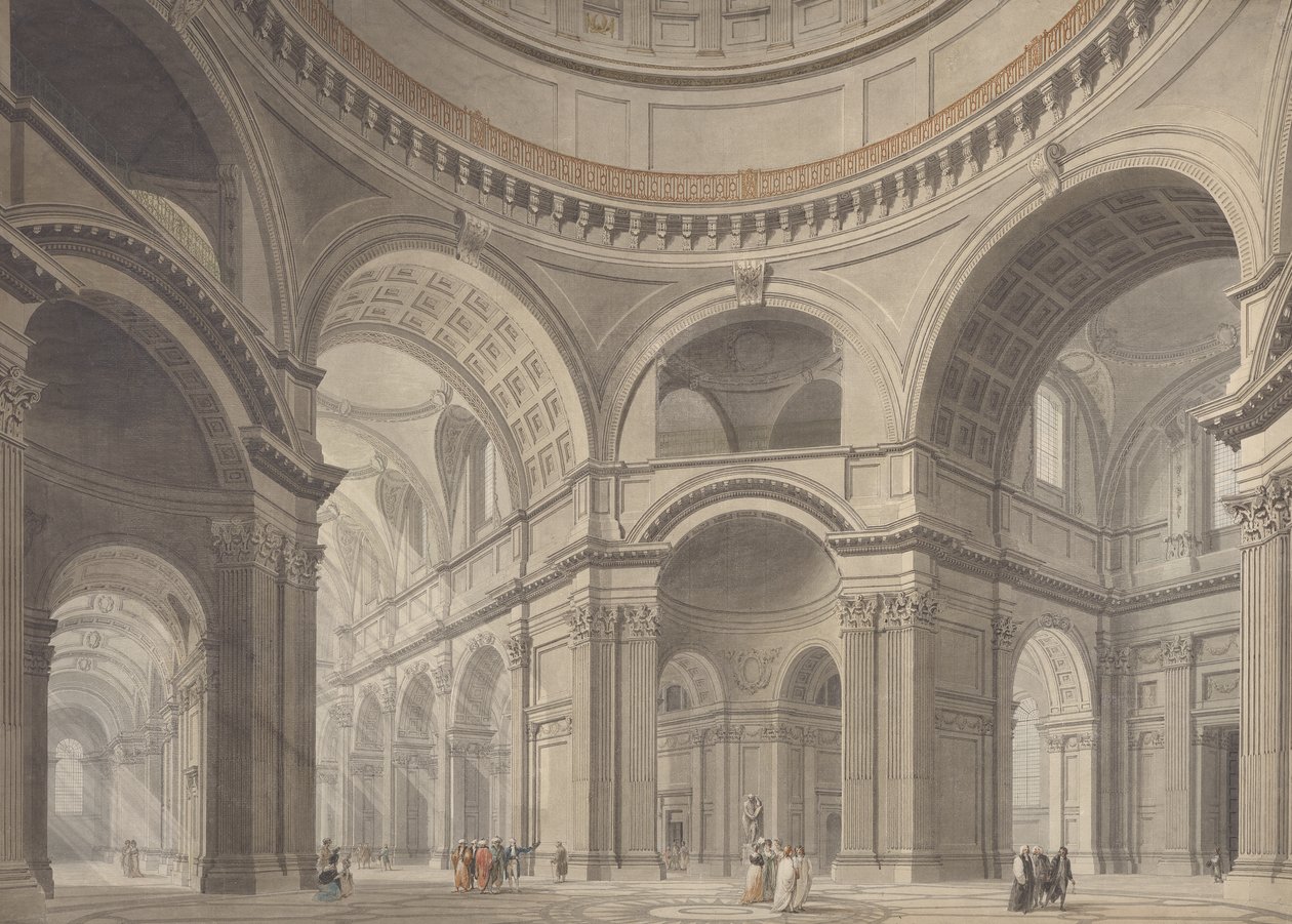 Interiør af St. Pauls Cathedral, ca. 1792 (grafit, wc og pen på papir) af Thomas Malton Jnr.