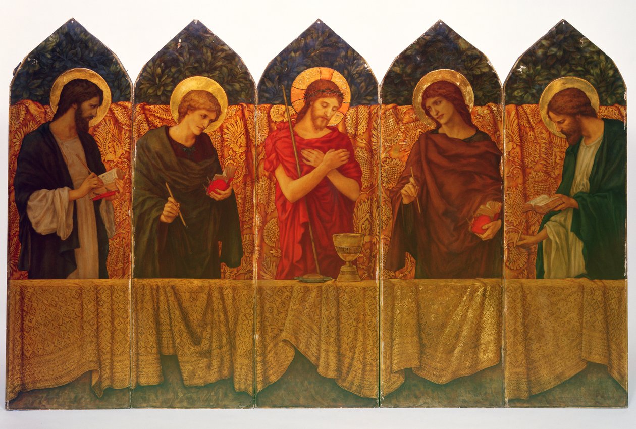 Kristus og fire helgener, alterpanel designet af Burne-Jones af Thomas Matthews Rooke