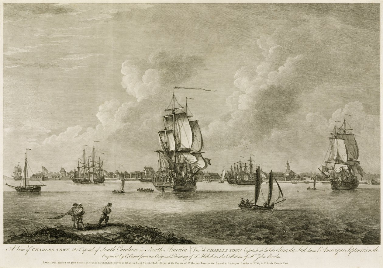 En udsigt over Charles Town, hovedstaden i South Carolina i Nordamerika, fra "Scenographia Americana", graveret af Pierre Charles Canot (1710-77), udgivet 1758-60 af Thomas Mellish