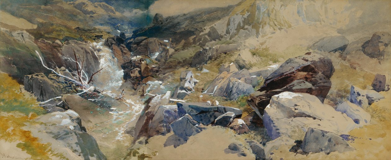A Rocky Stream i Skotland (blyant og wc forhøjet med hvid) af Thomas Miles II Richardson