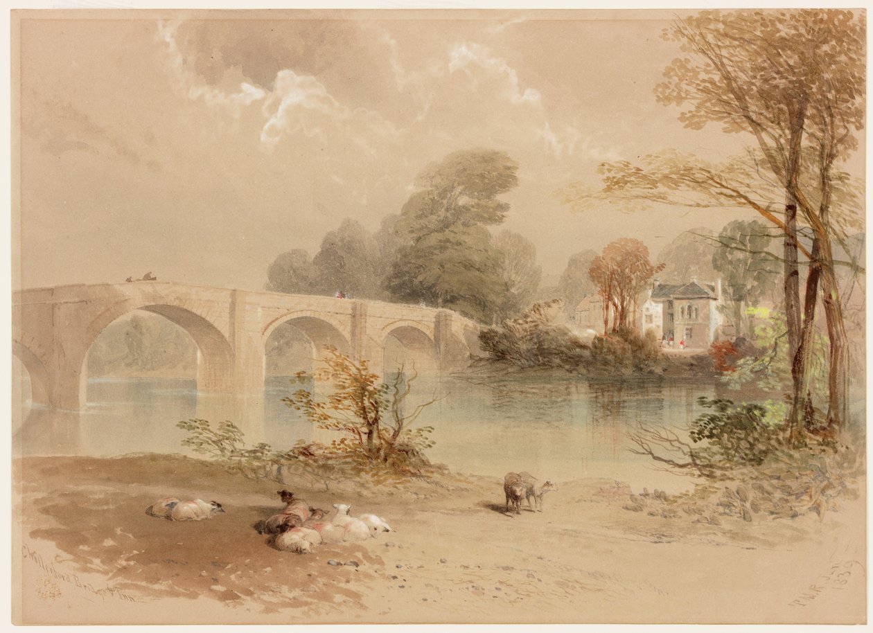 Chollerford Bridge and Inn (kropsfarve) af Thomas Miles II Richardson