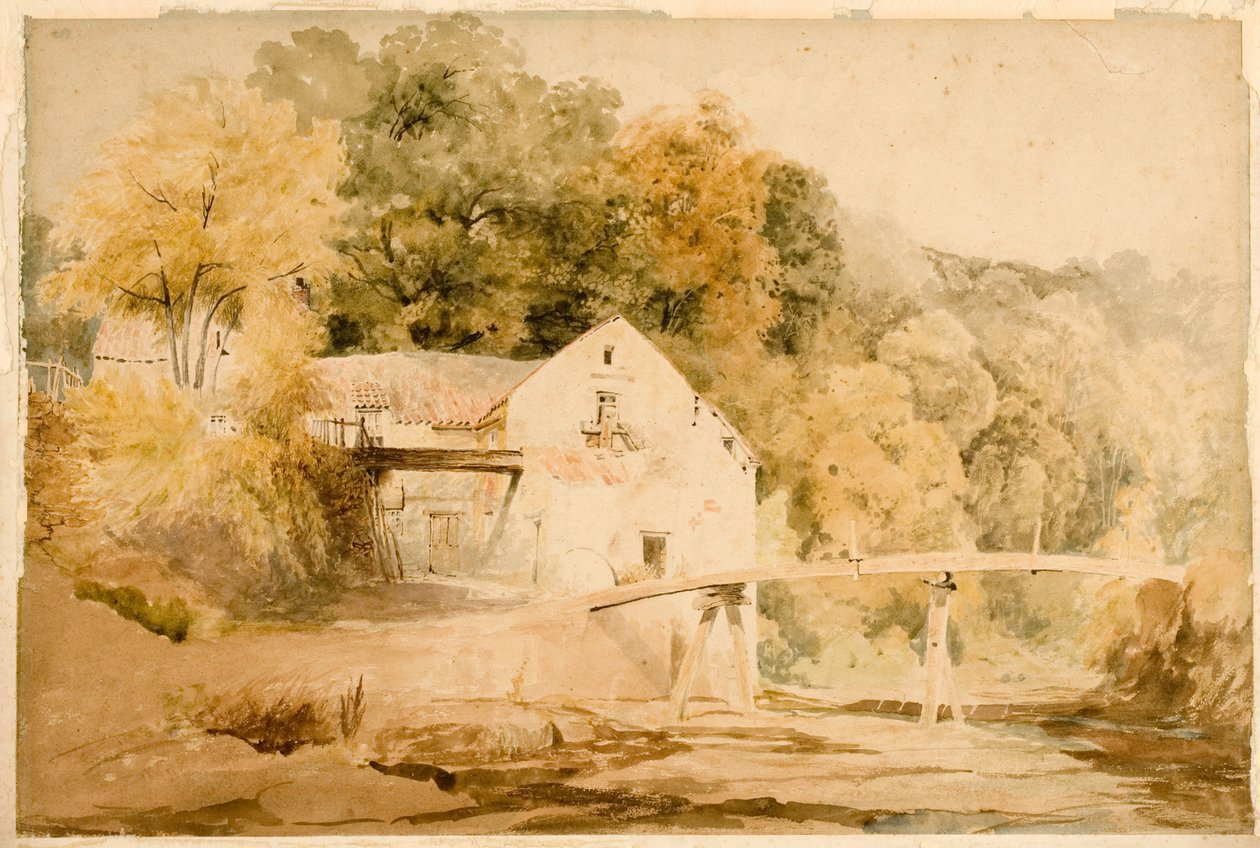 Den gamle flintemølle på Ouseburn (i farver) af Thomas Miles II Richardson