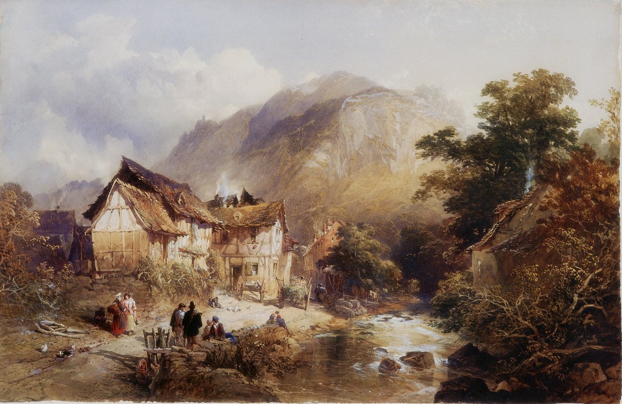 Landsbyen Sayn, ved floden Bertich Bach, Preussen (kropsfarve og akvarel på papir) af Thomas Miles II Richardson