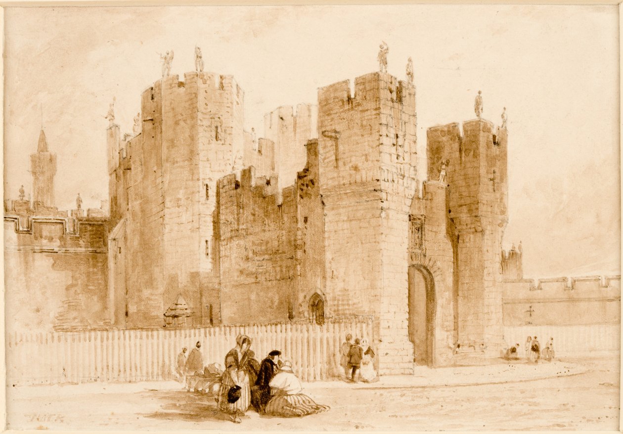 Alnwick Castle (blæk (sepia) og blyant på kort) af Thomas Miles Richardson