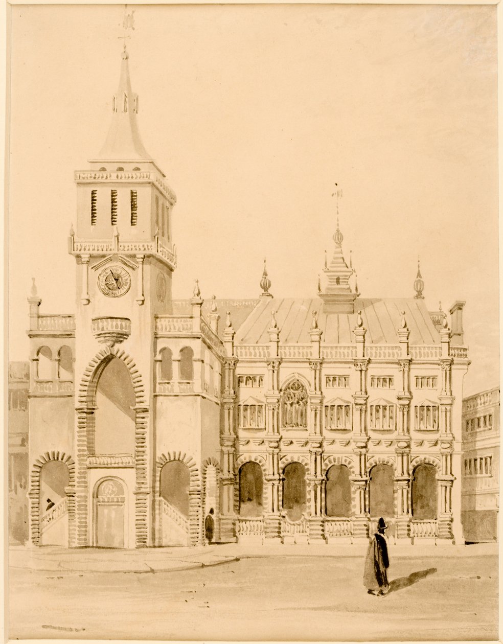 Ydersiden af den originale Guildhall (blæk (sort) på papir (på kort)) af Thomas Miles Richardson