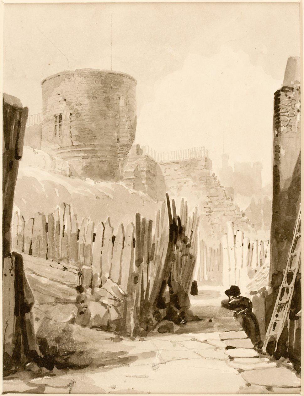 White Friar Tower, Newcastle upon Tyne (blæk (sort) på papir (på kort)) af Thomas Miles Richardson