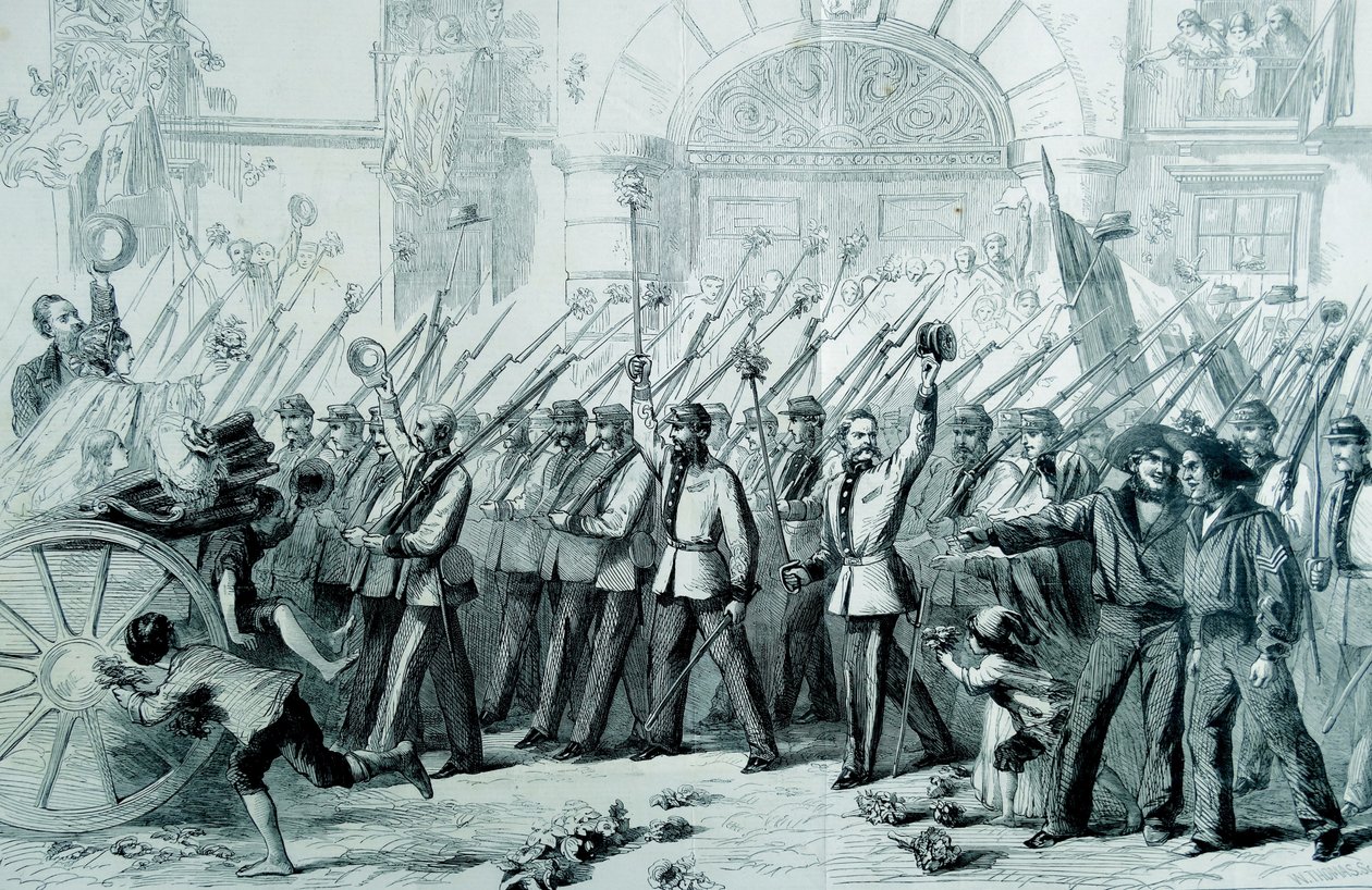 Entusiastisk modtagelse givet til de britiske frivillige for Garibaldi i Napoli, 1860 af Thomas Nast