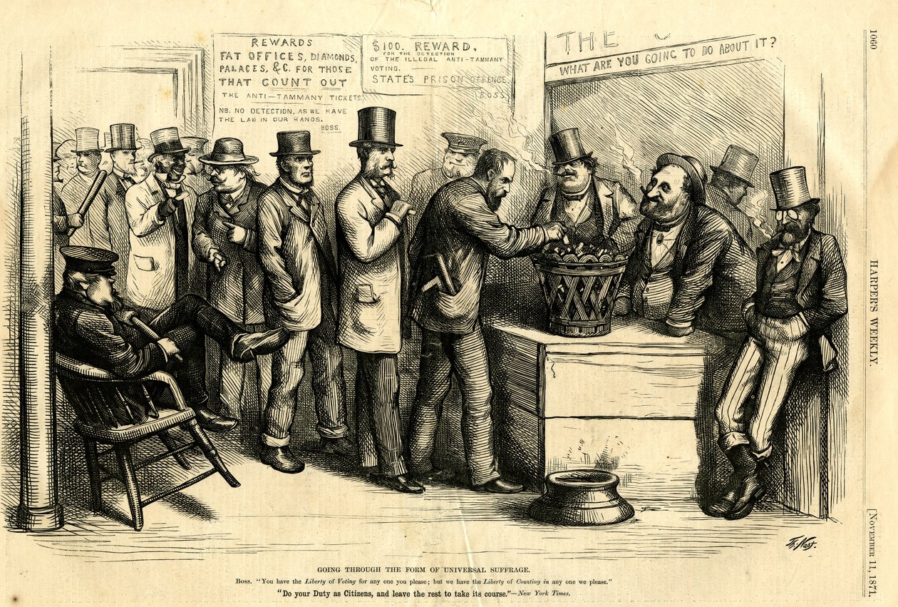 Going Through the Form of Universal Suffrage, 1871 (trægravering) af Thomas Nast