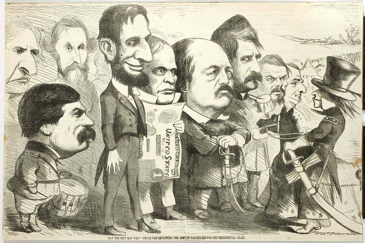 Må den bedste mand vinde! Onkel Sam gennemgår kandidaternes hær, 1864 (trægravering) af Thomas Nast