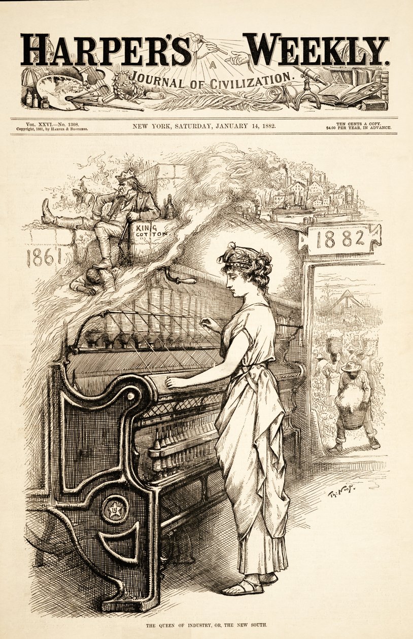 The Queen of Industry, eller New South, pub. 1882 af Thomas Nast