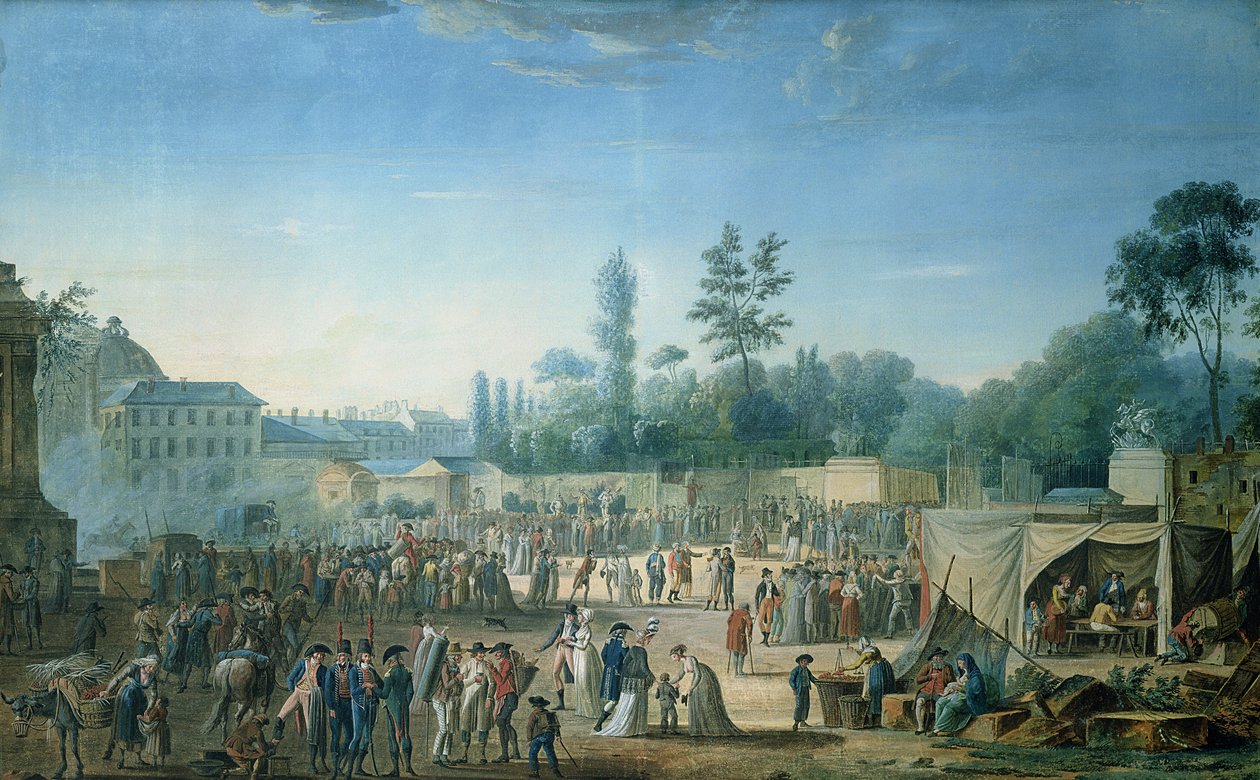 Udsigt over Tuilerierne fra Place de la Revolution, 1799 (wc og gouache på papir) af Thomas Naudet