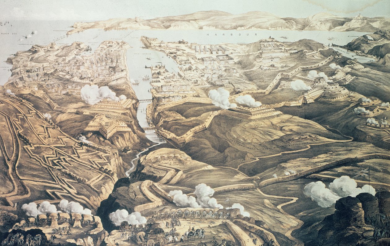 En panoramaudsigt over Sebastopols ydre og indre forsvar, de allieredes batterier, skyttegrave og belejringsværker fra skitser af en militæringeniør i staben af Sir J. Burcoyne, pub. b af Thomas Packer