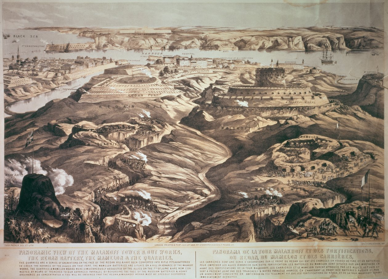 Panoramaudsigt over Malakoff Tower og Out Works, Redan Battery, Mamelon og Quarries, pub. 1855 af Stannard og Dixon af Thomas Packer