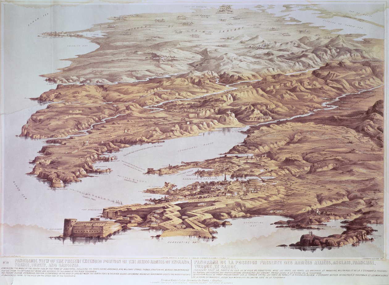 Panoramaudsigt over den nuværende udvidede position af de allierede hære i England, Frankrig, Tyrkiet og Sardinien, fra en akvareltegning af Frank C. Hughes, pub. af Stannard og Dixon, 1855 af Thomas Packer