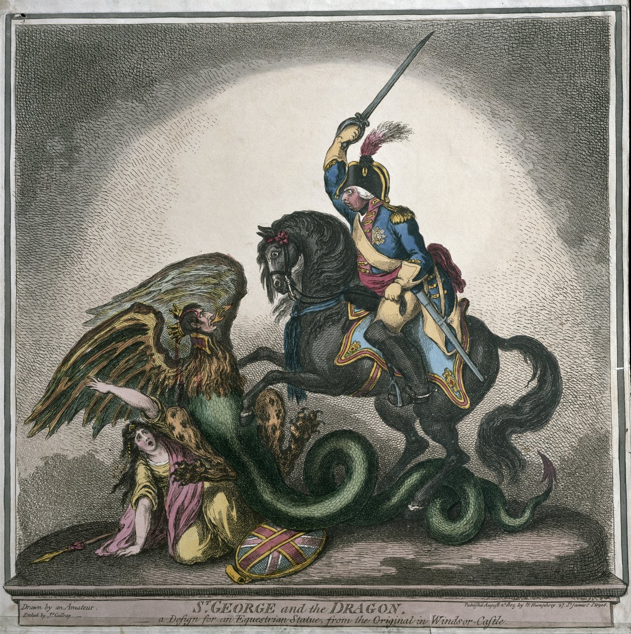 St. George and the Dragon, et design til en rytterstatue, fra originalen i Windsor Castle, indgraveret af James Gillray (1756-1815) udgivet af Hannah Humphrey i 1805 (håndfarvet radering) af Thomas Richmond Gale Braddyll