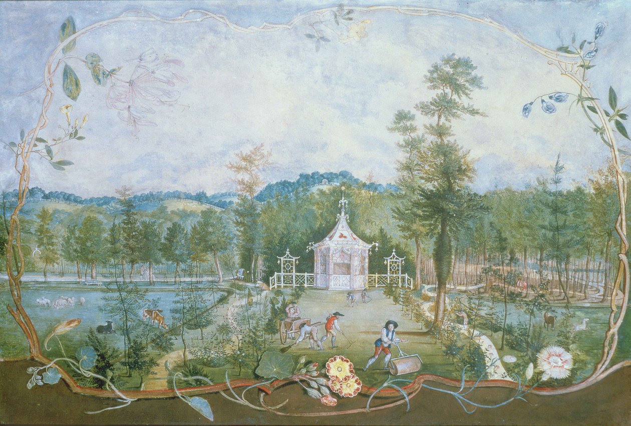 Kinesisk pavillon i en engelsk have, 1700-tallet (wc og gouache på papir) af Thomas Robins