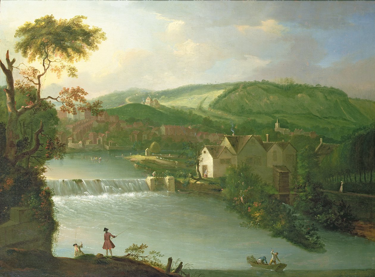 Udsigt over Abbey Mill og Weir ved floden Avon, Bath af Thomas Ross