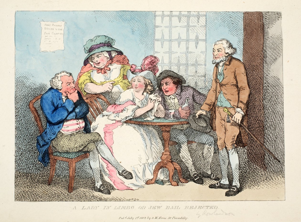 A Lady In Limbo or Jew Bail Rejected, 1802 (håndkoloreret endegave) af Thomas Rowlandson