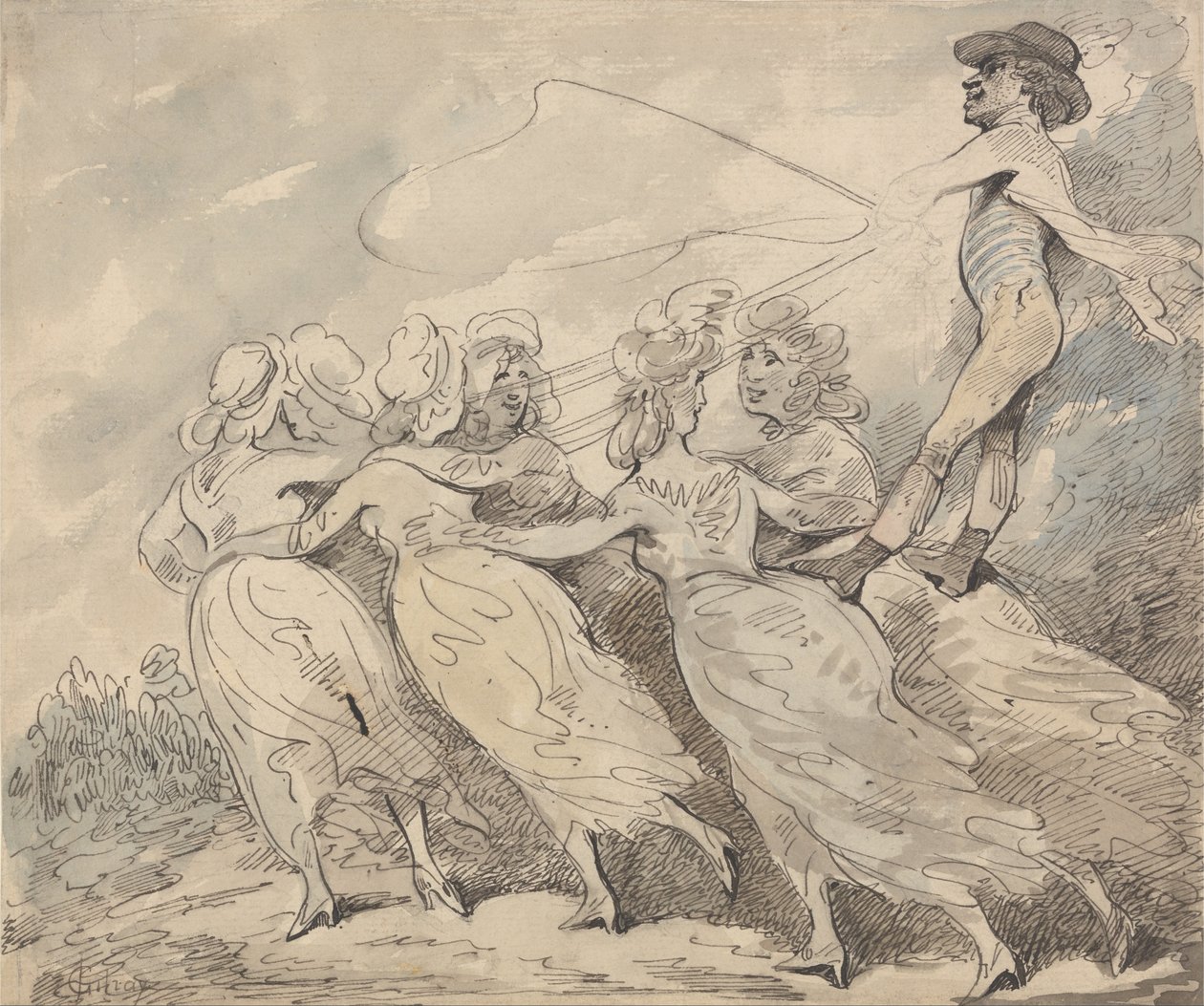 En mand, der driver et team på seks piger af Thomas Rowlandson