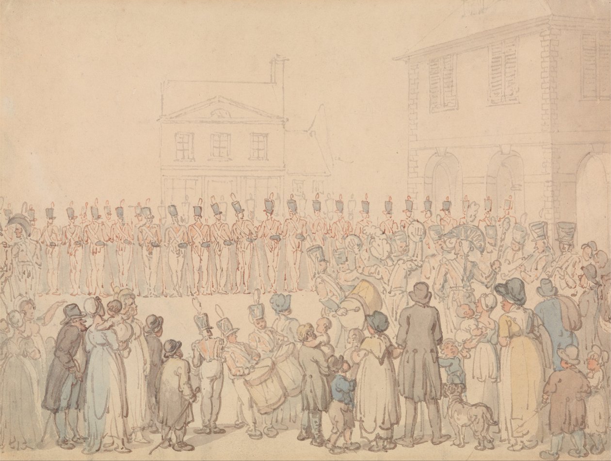 En gennemgang af Northampton Militia i Brackley af Thomas Rowlandson