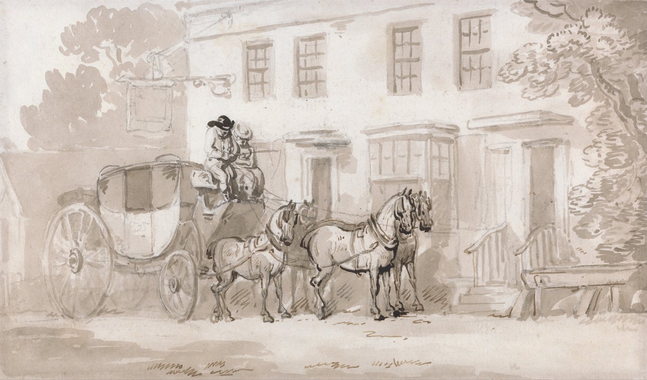 En diligencevogn uden for indgangen til en kro af Thomas Rowlandson
