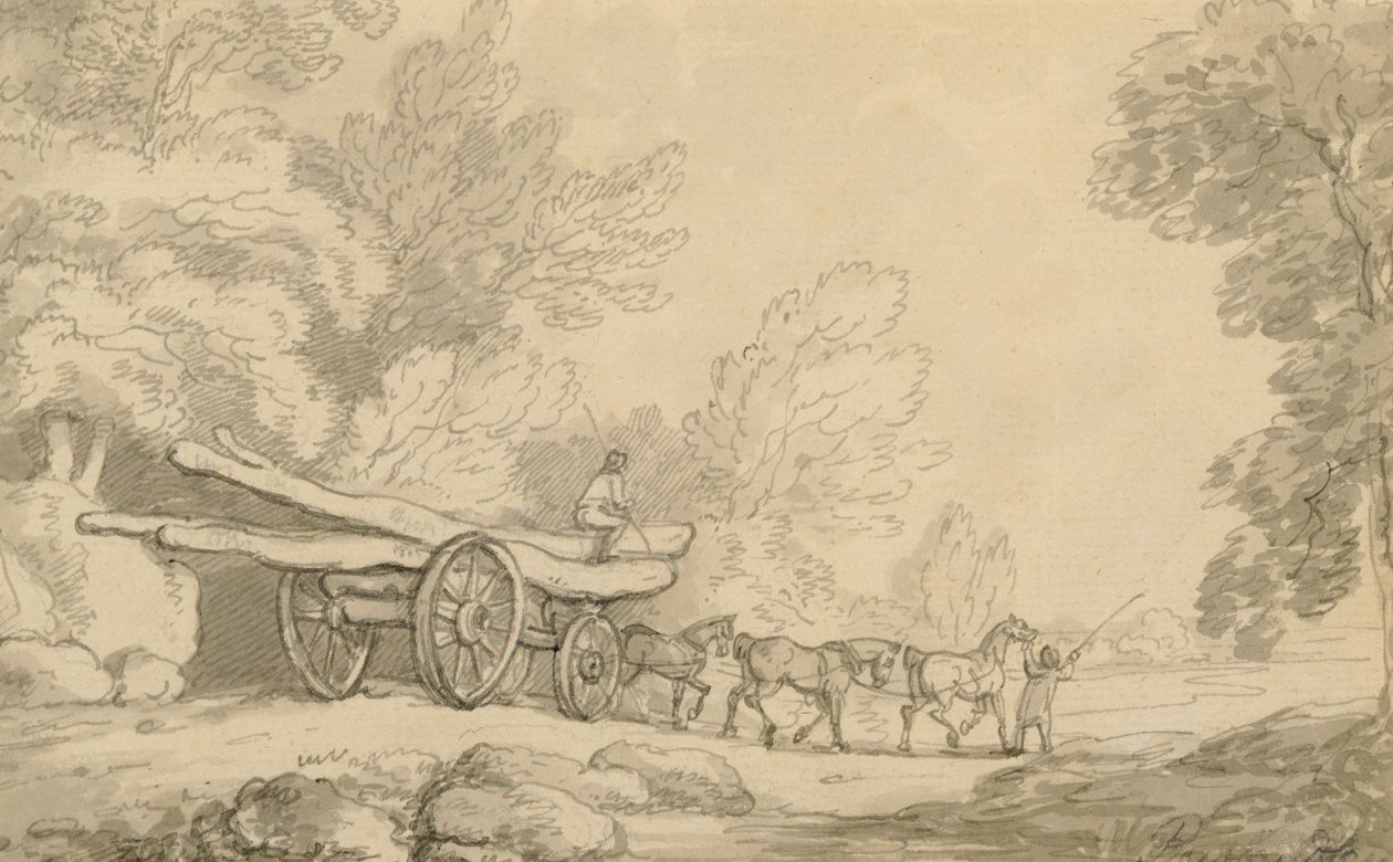 A Timber Wagon, ca. 1790 (pen og blæk med vask over grafit på papir) af Thomas Rowlandson