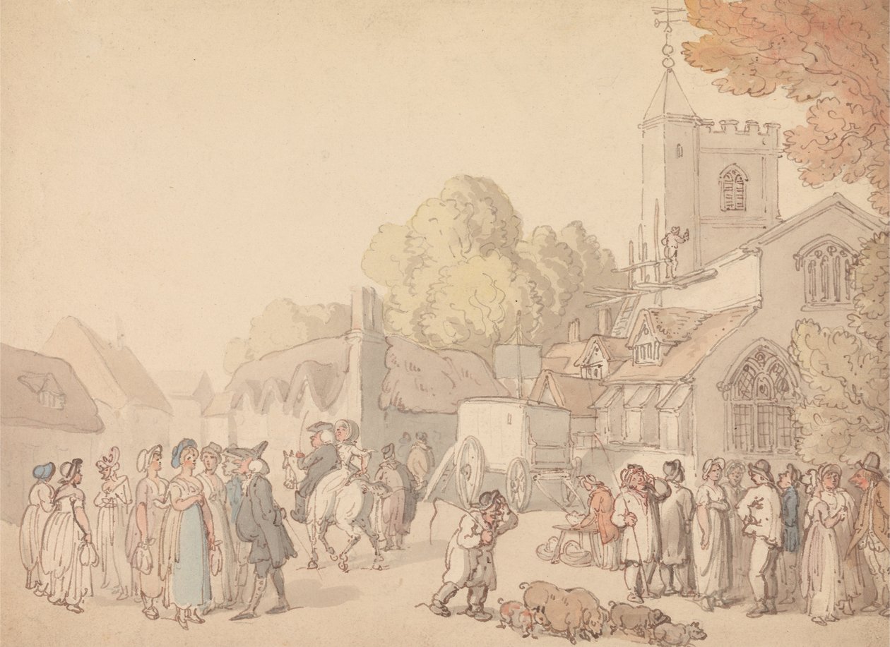 En landsbyscene uden for en kirke af Thomas Rowlandson