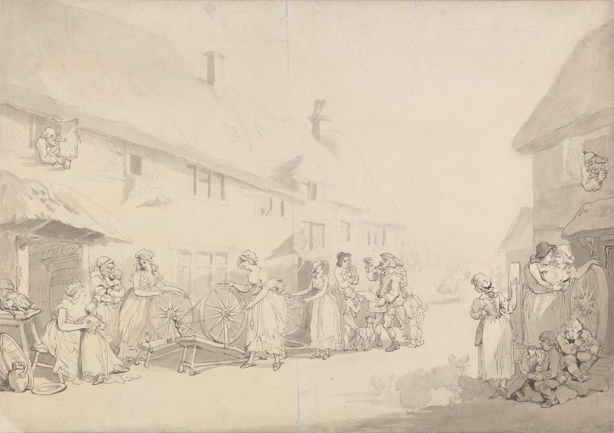 En landsbyscene med piger, der snurrer af Thomas Rowlandson