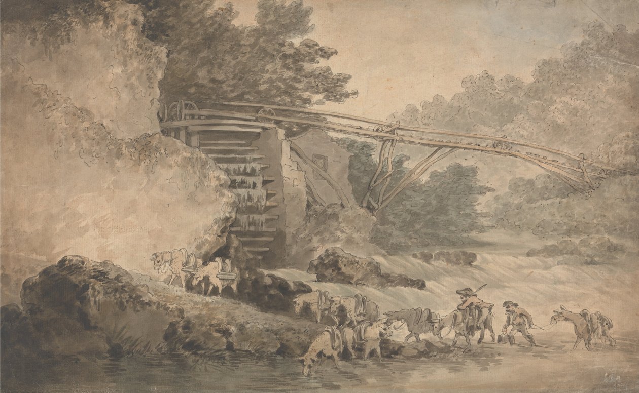 Et vandhjul, der kører en transportør af Thomas Rowlandson