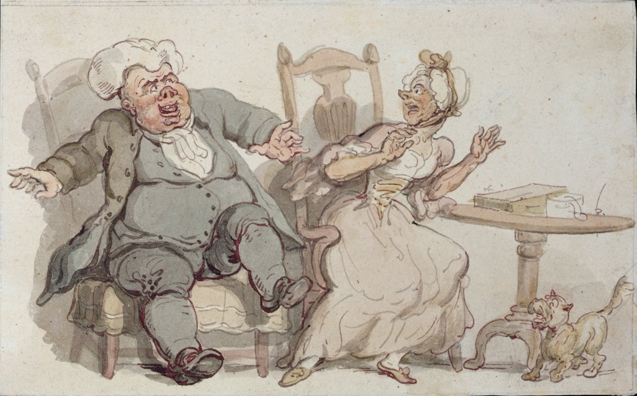 En gammel kvinde og hendes hund forskrækket af Male Company (pen & blæk og wc på papir) af Thomas Rowlandson