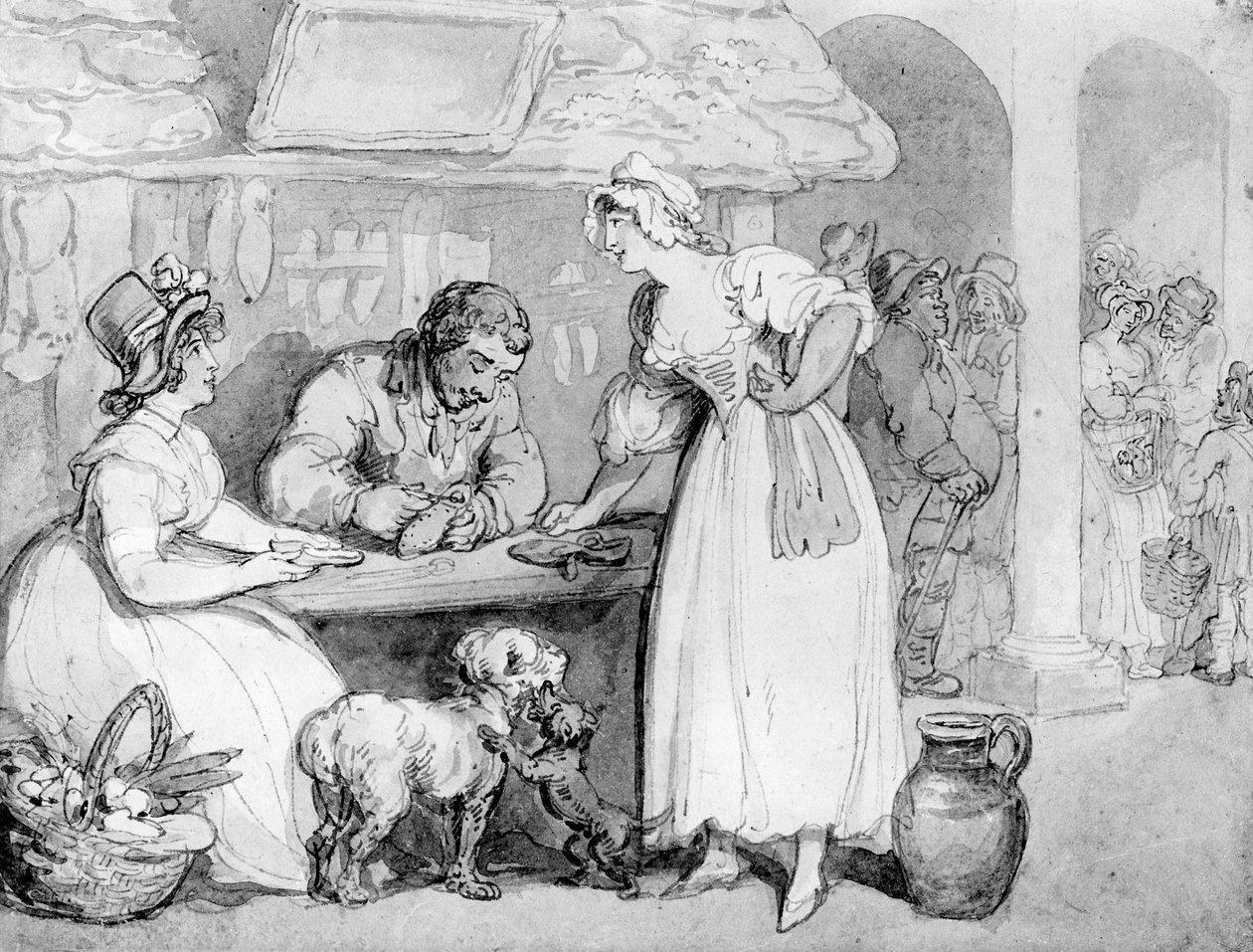 Hos skomagerne (wc og blyant på papir) af Thomas Rowlandson
