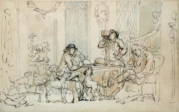 Morgenmad før jagten, ca. 1785-90 (pen & blæk med brun og blå vask på papir) af Thomas Rowlandson