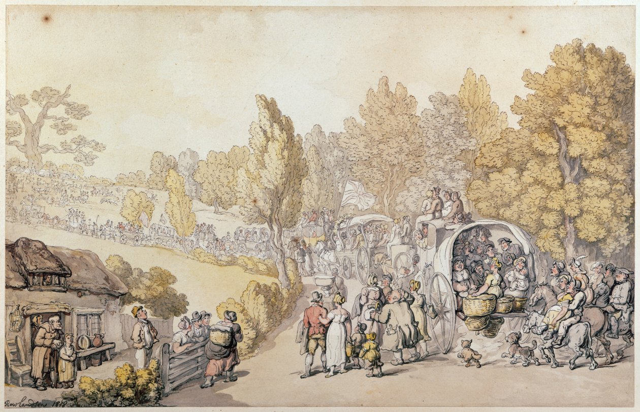 Tegneserie med landboere, der tager til byen, 1818 (håndkoloreret stik) af Thomas Rowlandson