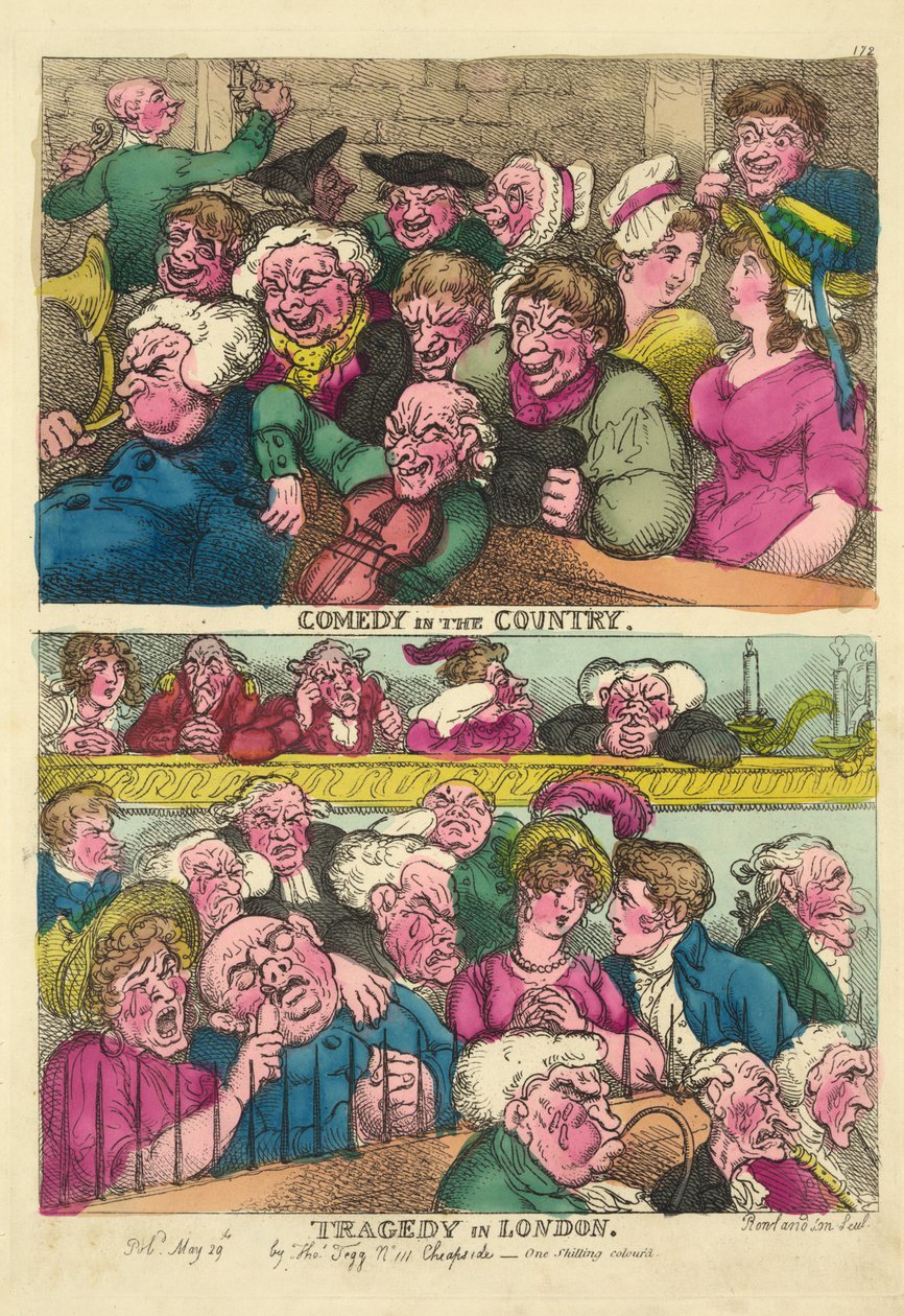 Komedie på landet, Tragedie i London, 1807 (håndkoloreret gravering) af Thomas Rowlandson