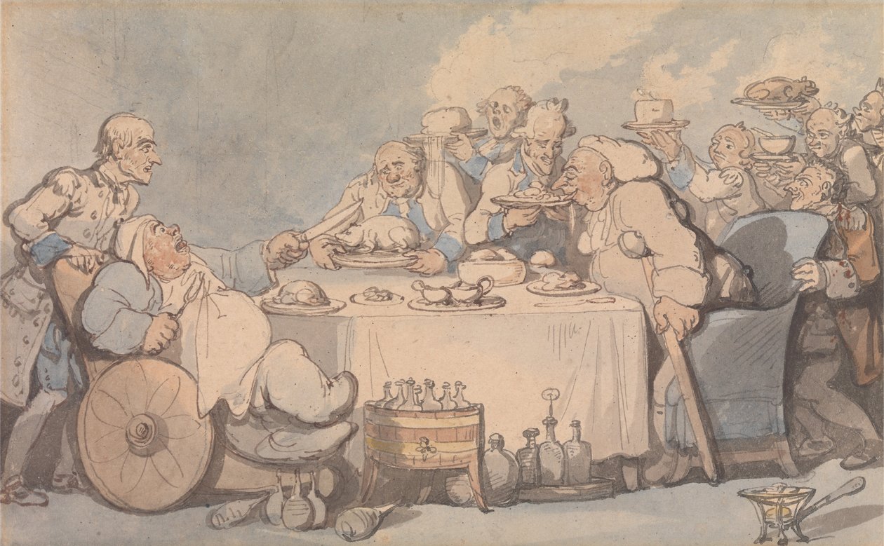Bekvemmeligheder fra Bath- Gouty Gourmands til middag af Thomas Rowlandson
