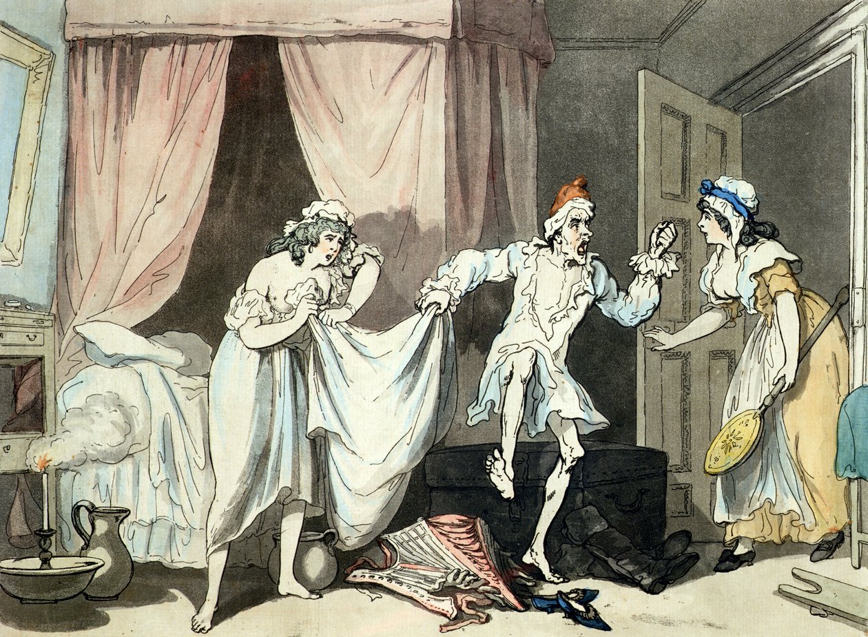 Damp Sheets, aquatineret af Thomas Malton (1748-1804), pub. 1791 (farvet radering med akvatinte) af Thomas Rowlandson