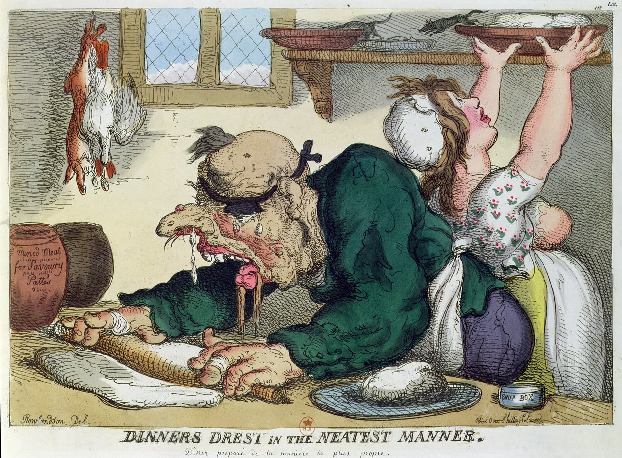 Dinners Drest in the Neatest Manner, satirisk tegneserie om kulinarisk hygiejne af Thomas Rowlandson