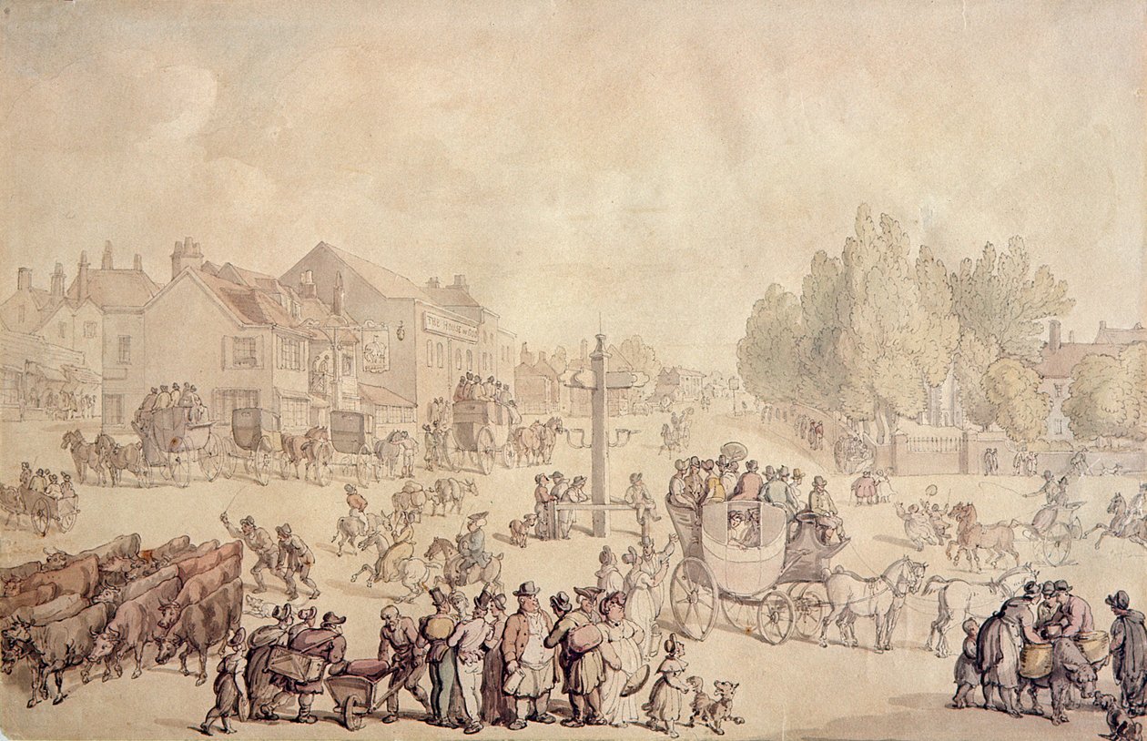 Elefanten og slottet (håndkoloreret gravering) af Thomas Rowlandson