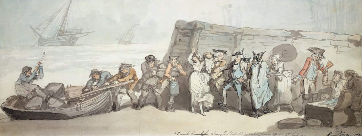 Franske smuglere opdaget af toldbetjente ved landing, 1790 (pen & blæk, wc og blækvask på papir) af Thomas Rowlandson