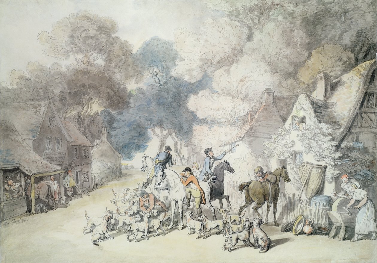 På vej ud om morgenen, en scene i Windsor Forest, ca. 1801 (pen og wc på papir) af Thomas Rowlandson